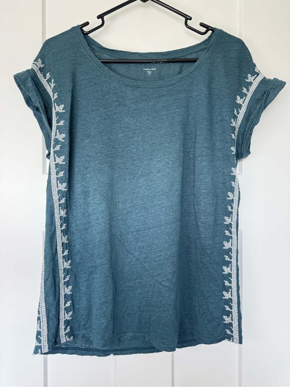 Garnet Hill 100% Organic Linen Teal Short-Sleeve Embroidered Tee Size M